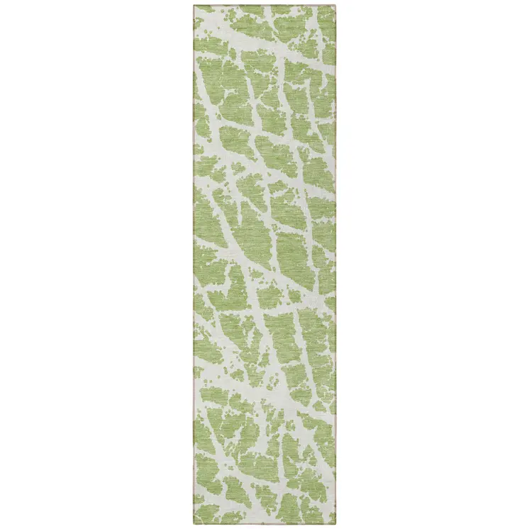 8' Runner Green and White Abstract Washable Non Skid Indoor Outdoor Runner Rug