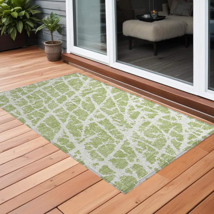 3' X 5' Green And White Abstract Washable Indoor Outdoor Area Rug