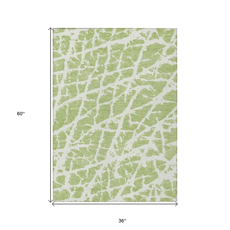 3' X 5' Green And White Abstract Washable Indoor Outdoor Area Rug