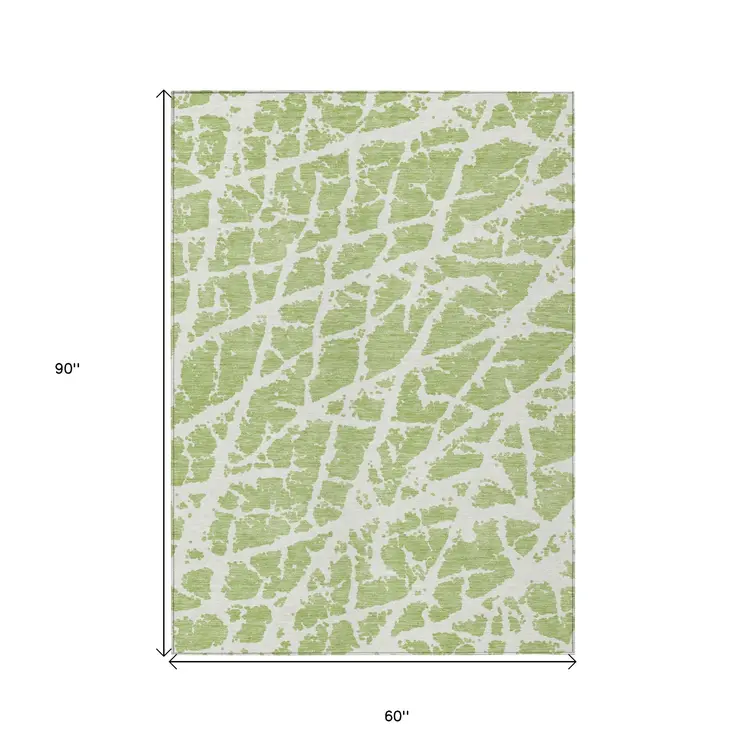 5' X 8' Green and White Abstract Washable Non Skid Indoor Outdoor Area Rug