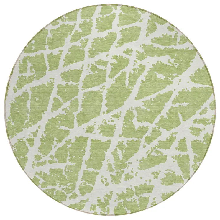 8' Round Green and White Round Abstract Washable Non Skid Indoor Outdoor Area Rug