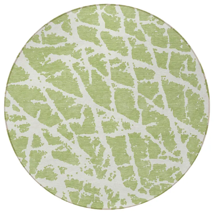 8' Round Green and White Round Abstract Washable Non Skid Indoor Outdoor Area Rug