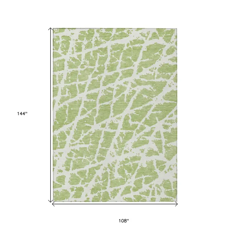 9' X 12' Green And White Abstract Washable Indoor Outdoor Area Rug