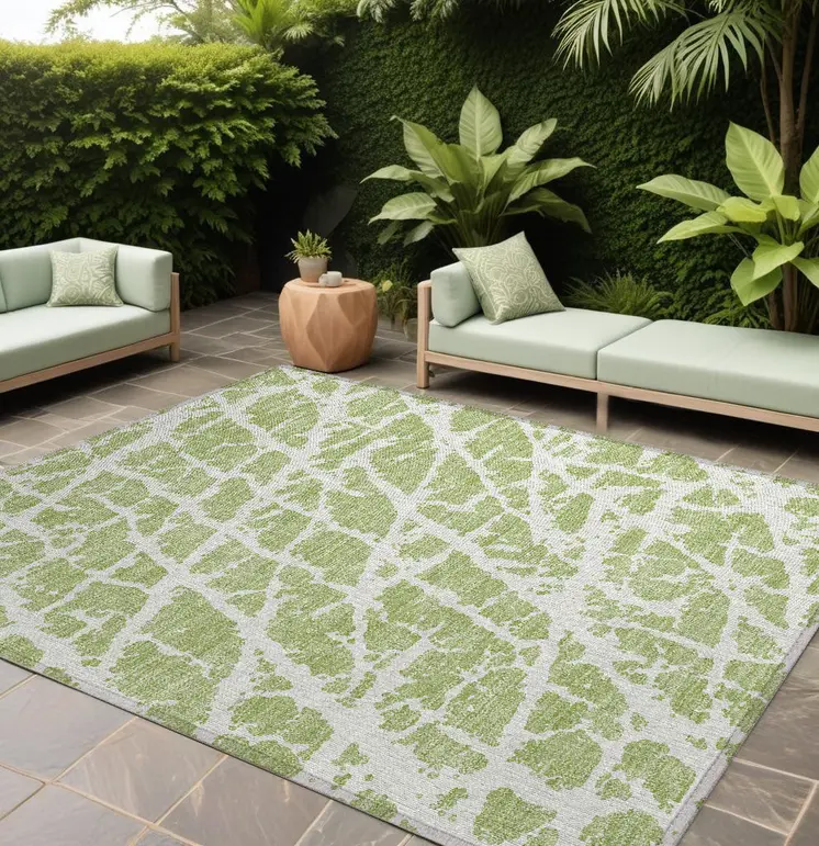 9' X 12' Green And White Abstract Washable Indoor Outdoor Area Rug