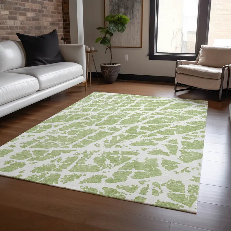 9' X 12' Green And White Abstract Washable Indoor Outdoor Area Rug