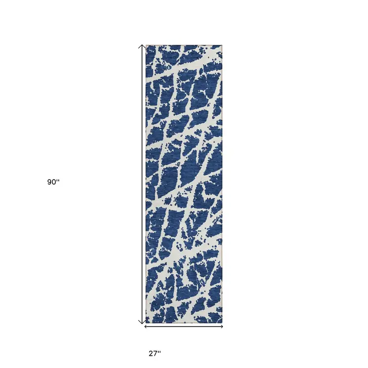 8' Runner Blue and White Abstract Washable Non Skid Indoor Outdoor Runner Rug
