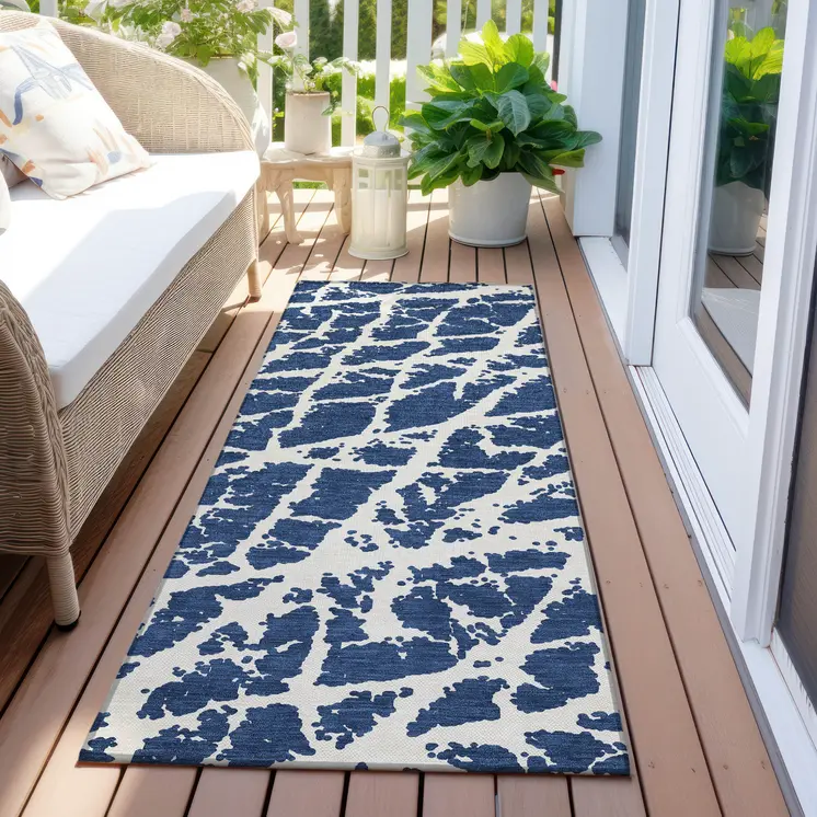 8' Runner Blue and White Abstract Washable Non Skid Indoor Outdoor Runner Rug