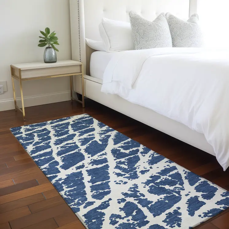 8' Runner Blue and White Abstract Washable Non Skid Indoor Outdoor Runner Rug