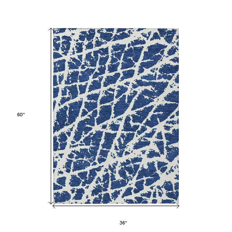 3' X 5' Blue And White Abstract Washable Indoor Outdoor Area Rug