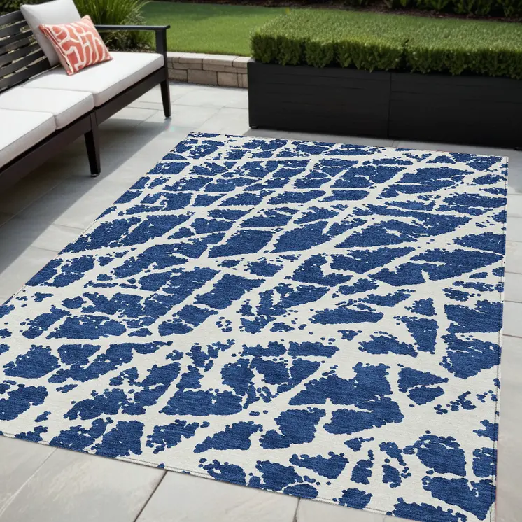5' X 8' Blue and White Abstract Washable Non Skid Indoor Outdoor Area Rug
