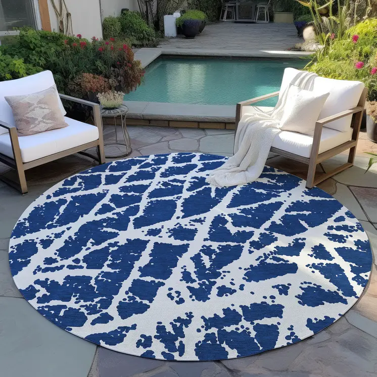 8' Blue And White Round Abstract Washable Indoor Outdoor Area Rug