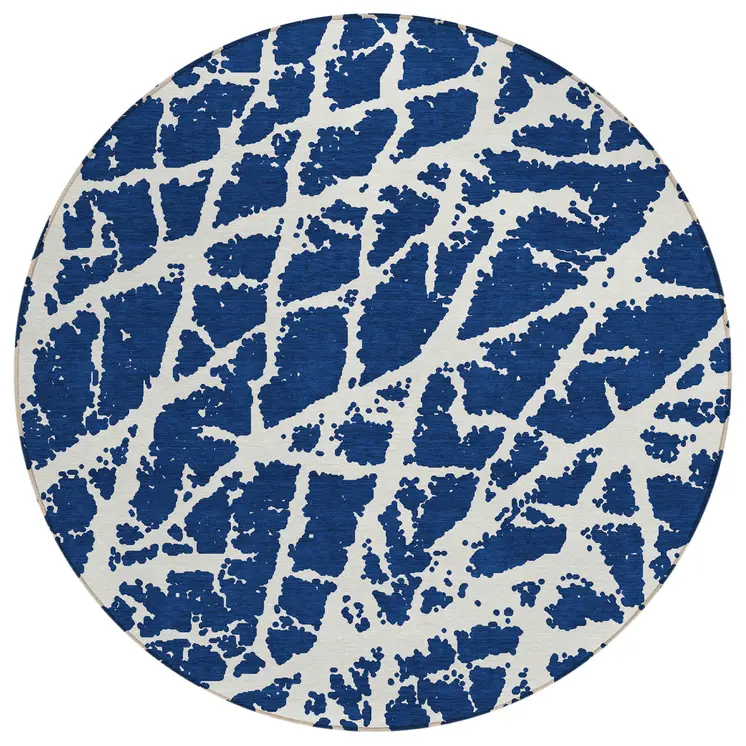 8' Blue And White Round Abstract Washable Indoor Outdoor Area Rug