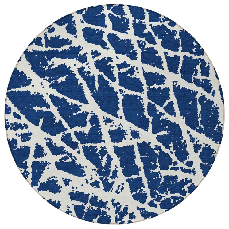 8' Blue And White Round Abstract Washable Indoor Outdoor Area Rug
