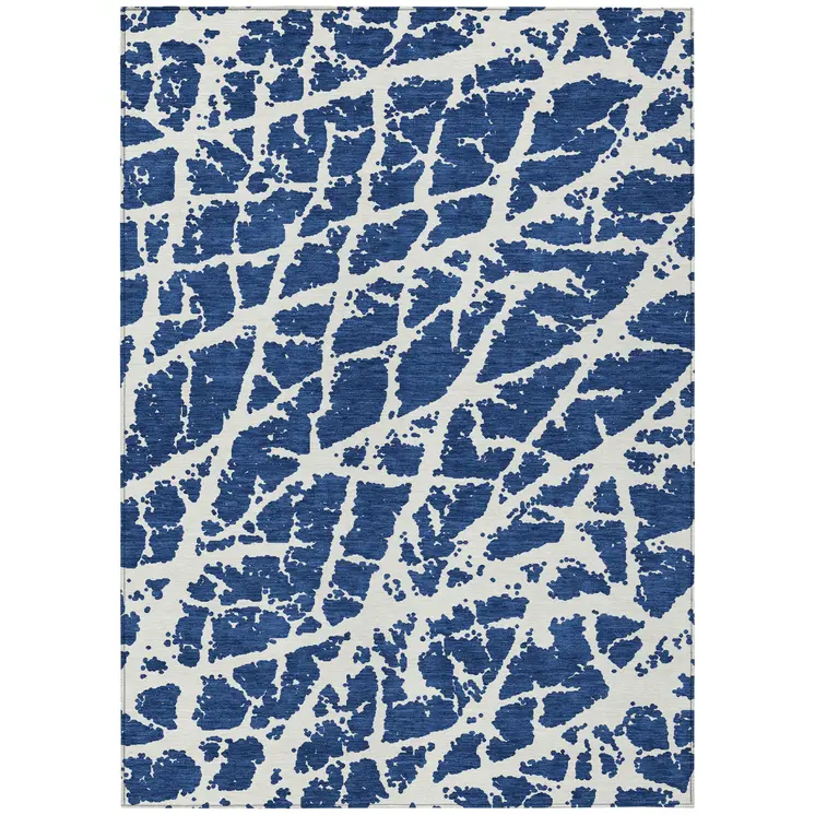 8' X 10' Blue and White Abstract Washable Non Skid Indoor Outdoor Area Rug