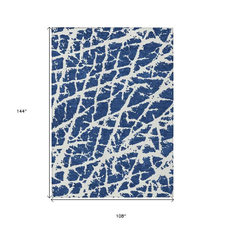 9' X 12' Blue and White Abstract Washable Non Skid Indoor Outdoor Area Rug