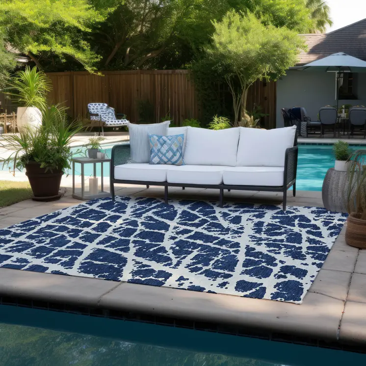9' X 12' Blue and White Abstract Washable Non Skid Indoor Outdoor Area Rug