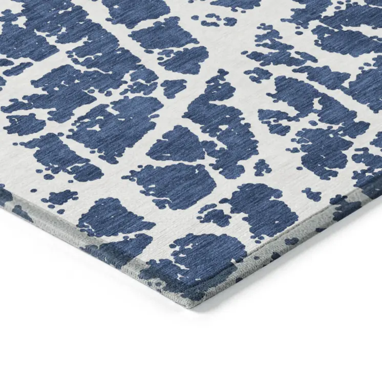 9' X 12' Blue and White Abstract Washable Non Skid Indoor Outdoor Area Rug
