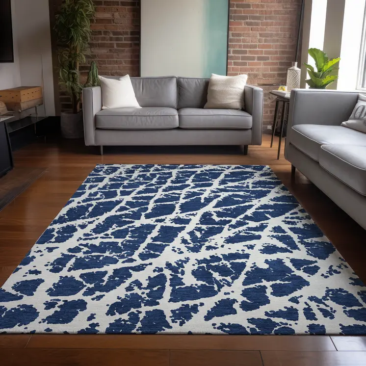 9' X 12' Blue and White Abstract Washable Non Skid Indoor Outdoor Area Rug