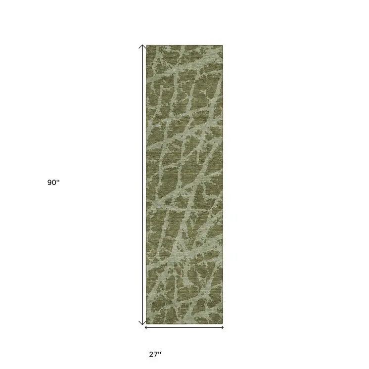 8' Runner Green Abstract Washable Non Skid Indoor Outdoor Runner Rug