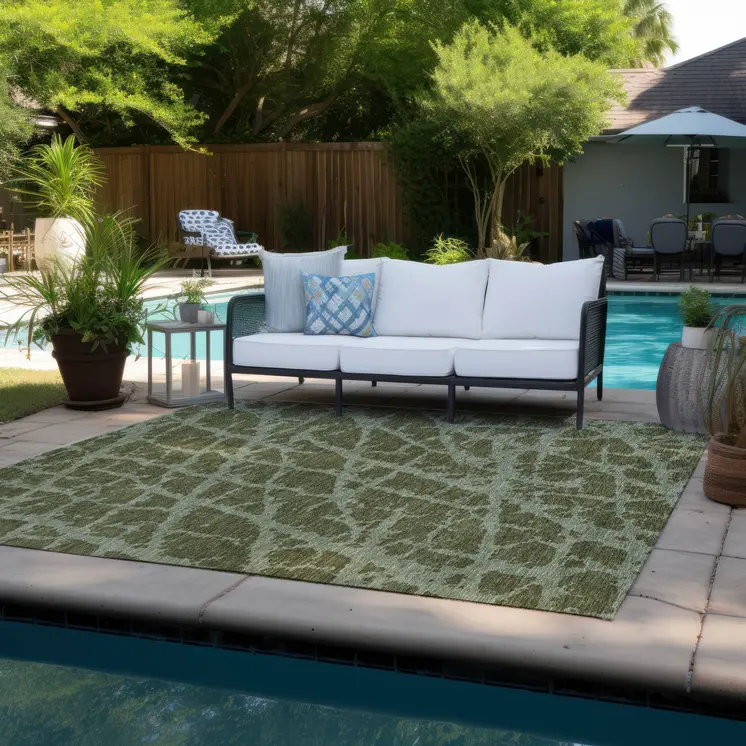 3' X 5' Green Abstract Washable Non Skid Indoor Outdoor Area Rug