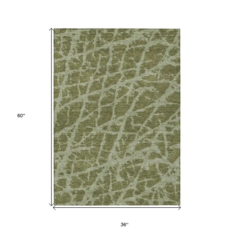 3' X 5' Green Abstract Washable Non Skid Indoor Outdoor Area Rug