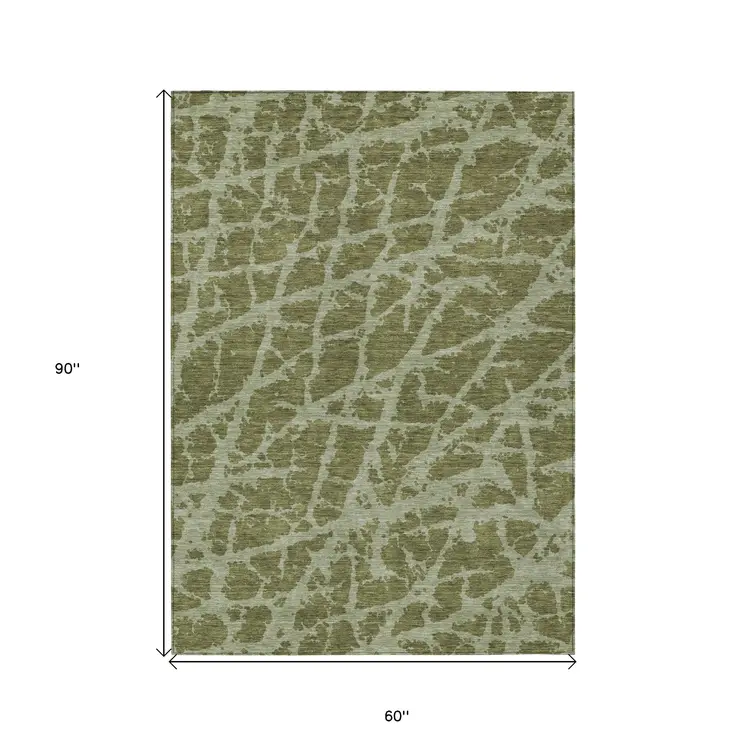 5' X 8' Green Abstract Washable Non Skid Indoor Outdoor Area Rug