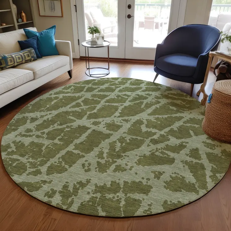8' Round Green Round Abstract Washable Non Skid Indoor Outdoor Area Rug