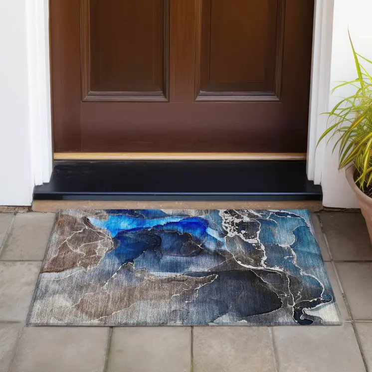 2' X 3' Blue Abstract Washable Non Skid Indoor Outdoor Area Rug