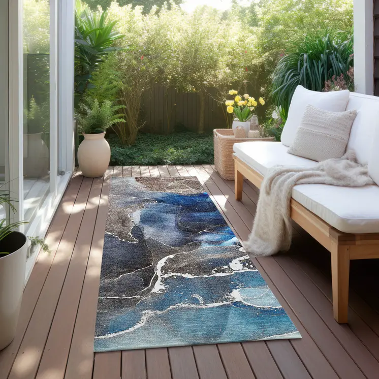 8' Blue Abstract Washable Indoor Outdoor Runner Rug