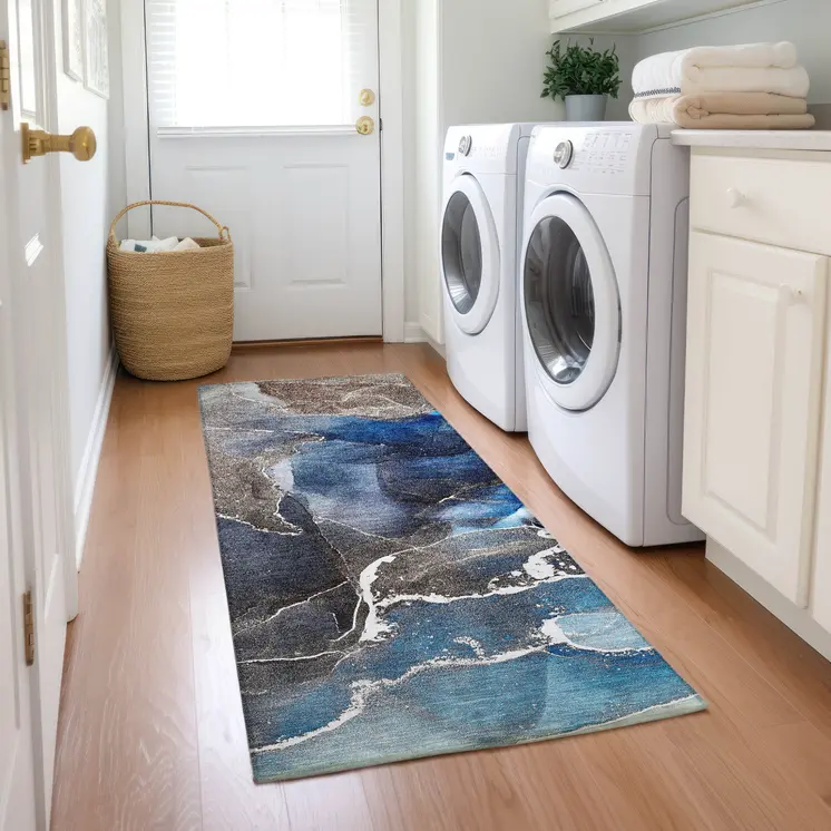 8' Blue Abstract Washable Indoor Outdoor Runner Rug