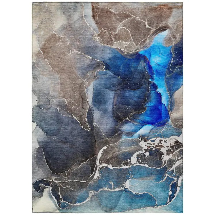 5' X 8' Blue Abstract Washable Indoor Outdoor Area Rug