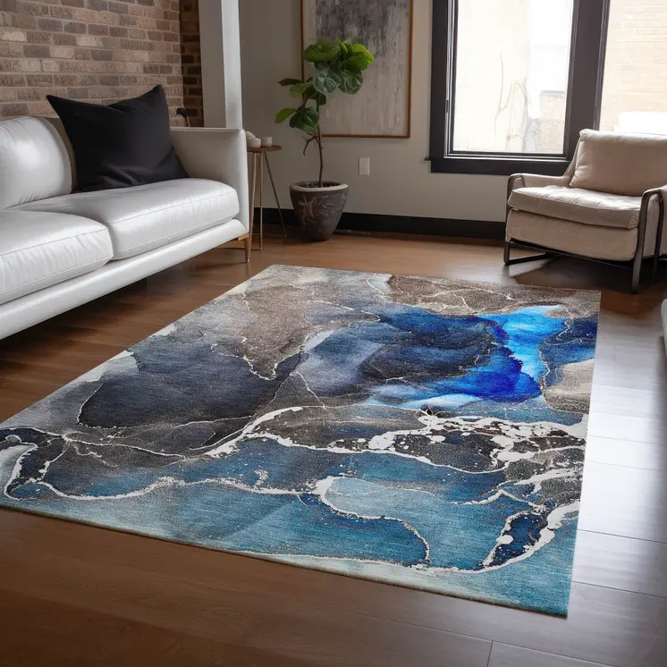 5' X 8' Blue Abstract Washable Indoor Outdoor Area Rug