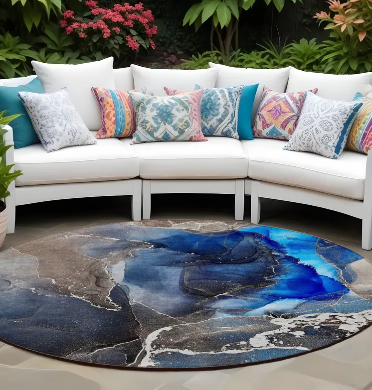 8' Blue Round Abstract Washable Indoor Outdoor Area Rug