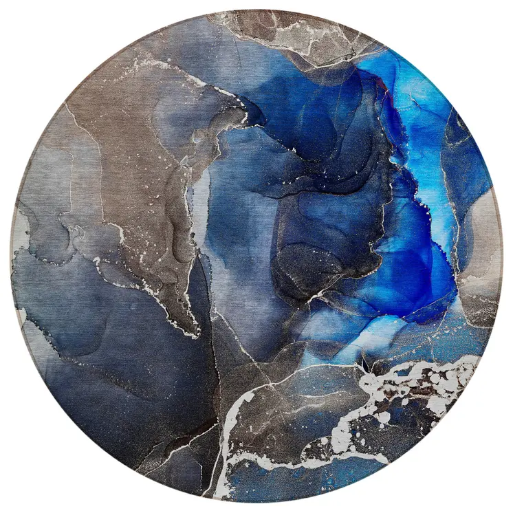 8' Blue Round Abstract Washable Indoor Outdoor Area Rug