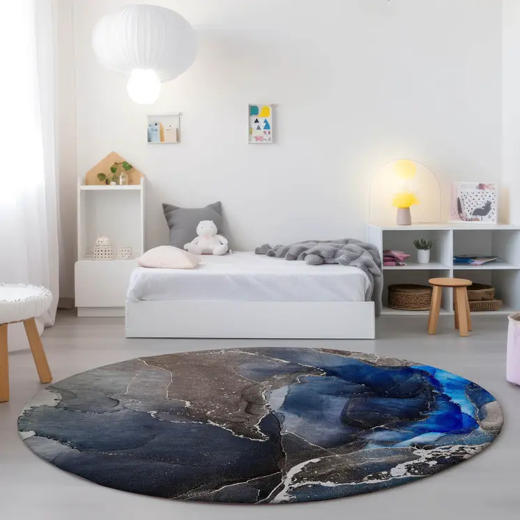 8' Blue Round Abstract Washable Indoor Outdoor Area Rug