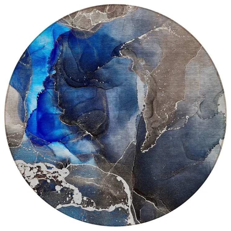 8' Blue Round Abstract Washable Indoor Outdoor Area Rug
