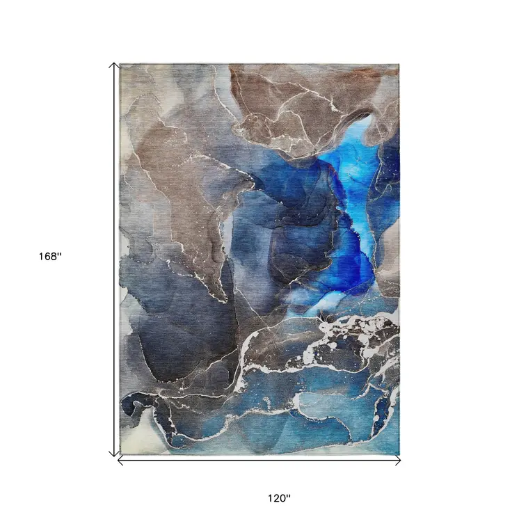 10' X 14' Blue Abstract Washable Non Skid Indoor Outdoor Area Rug