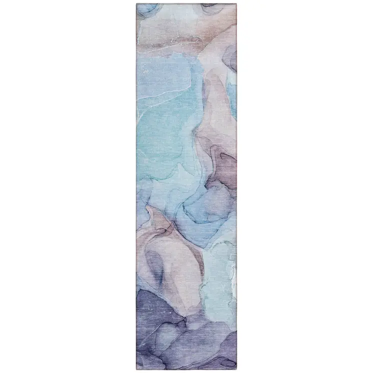 8' Runner Blue Abstract Washable Non Skid Indoor Outdoor Runner Rug