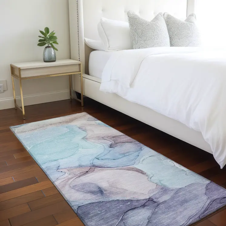 8' Runner Blue Abstract Washable Non Skid Indoor Outdoor Runner Rug