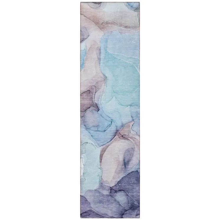 8' Runner Blue Abstract Washable Non Skid Indoor Outdoor Runner Rug