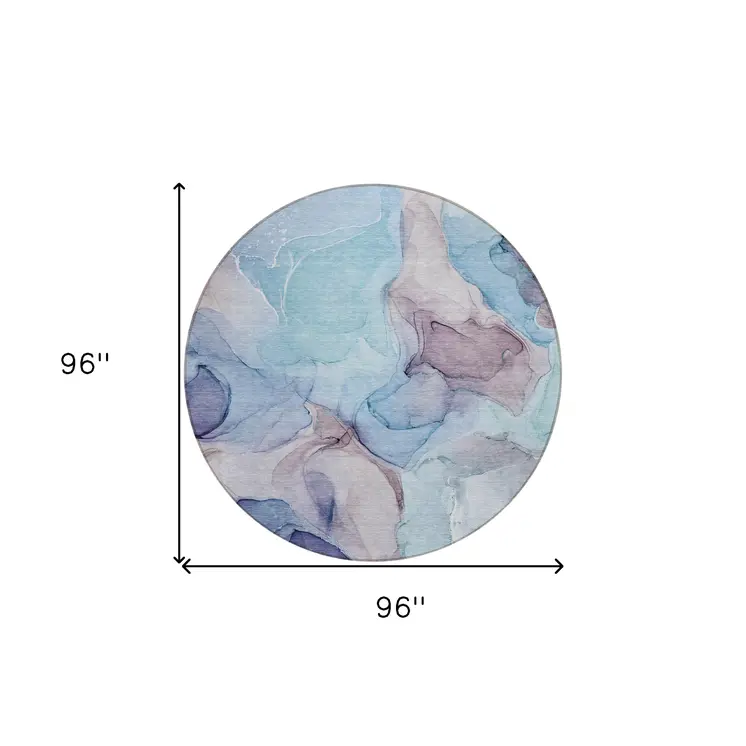 8' Round Blue Round Abstract Washable Non Skid Indoor Outdoor Area Rug