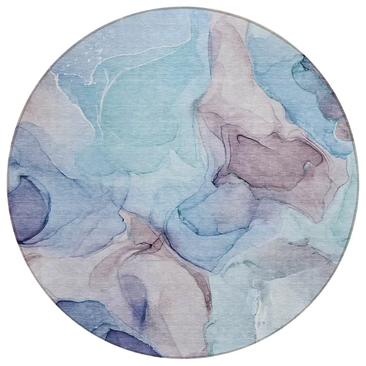 8' Round Blue Round Abstract Washable Non Skid Indoor Outdoor Area Rug