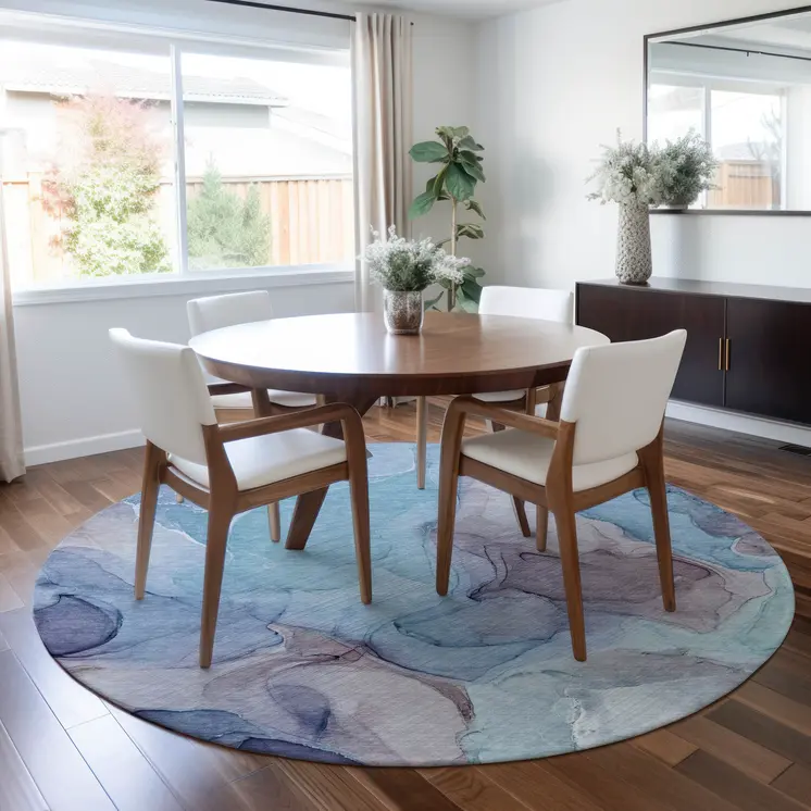 8' Round Blue Round Abstract Washable Non Skid Indoor Outdoor Area Rug
