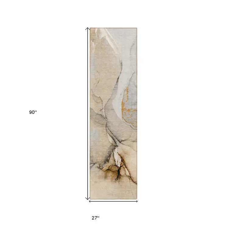 8' Runner Beige Abstract Washable Non Skid Indoor Outdoor Runner Rug