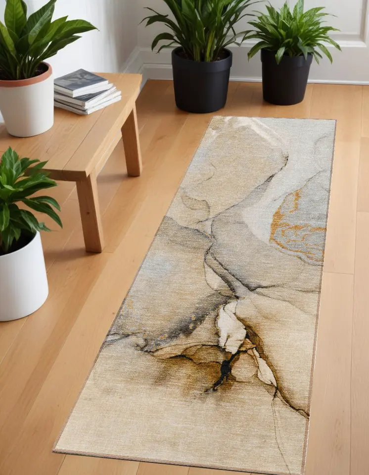8' Runner Beige Abstract Washable Non Skid Indoor Outdoor Runner Rug