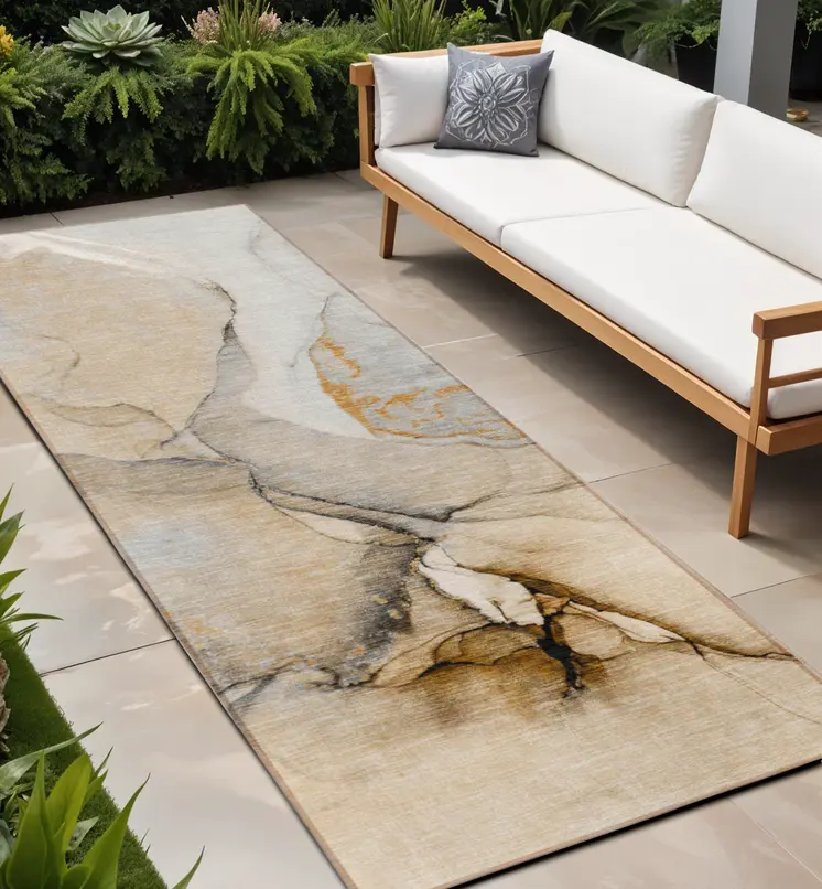 8' Runner Beige Abstract Washable Non Skid Indoor Outdoor Runner Rug
