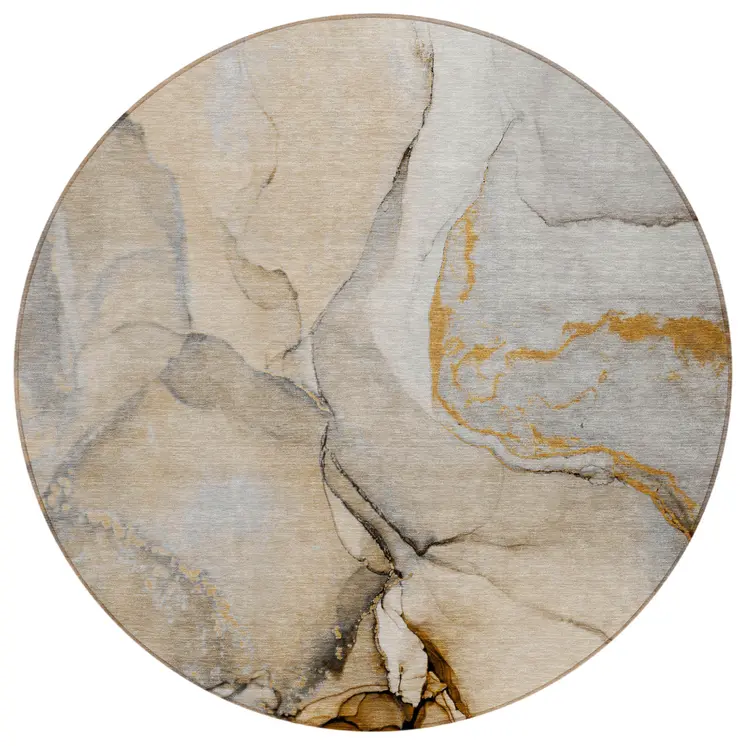 8' Round Beige Round Abstract Washable Non Skid Indoor Outdoor Area Rug