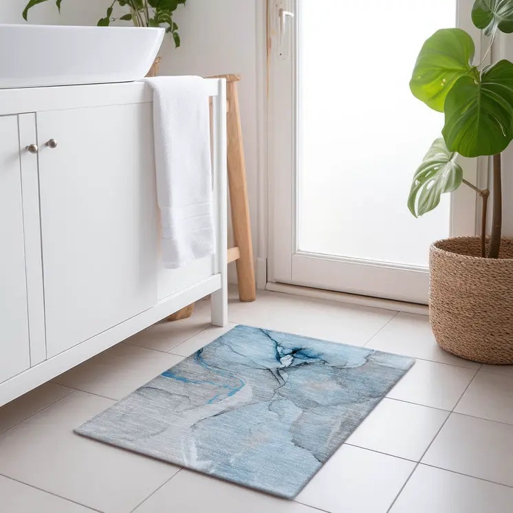 2' X 3' Blue and Ivory Abstract Washable Non Skid Indoor Outdoor Area Rug