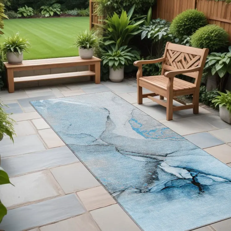 8' Runner Blue and Ivory Abstract Washable Non Skid Indoor Outdoor Runner Rug