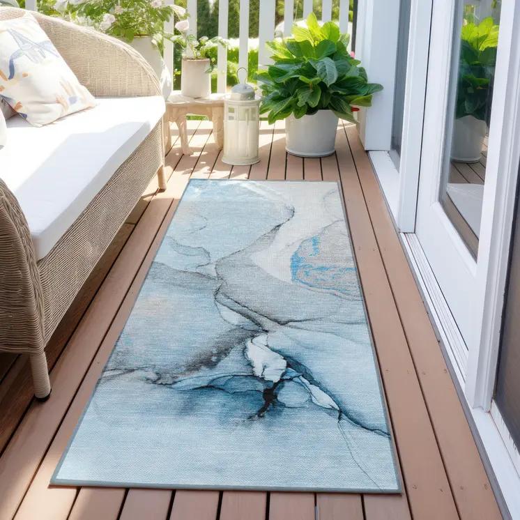 8' Runner Blue and Ivory Abstract Washable Non Skid Indoor Outdoor Runner Rug